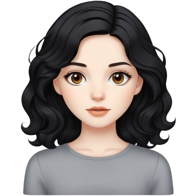 pale skin girl, jet black wavy medium-length hair, brown eyes, with natural warm makeup emoji