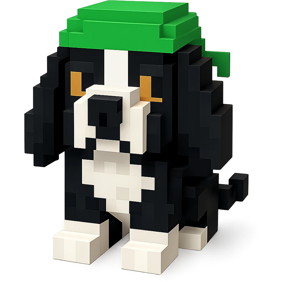 A black and white Russian Cocker Spaniel puppy wearing a green durag, facing forward emoji
