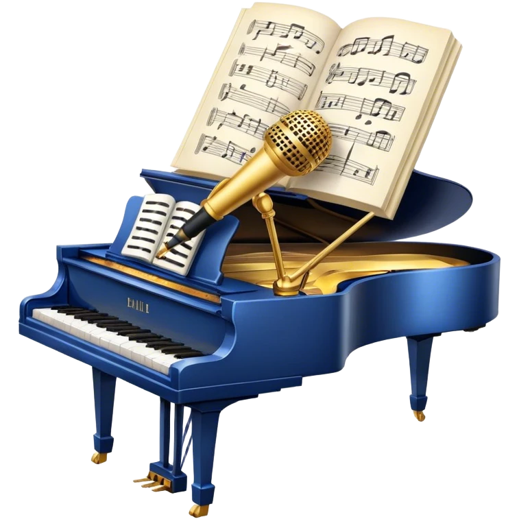 Create an elegant and refined emoji that represents classical or academic vocal performance. The design should feature a microphone, sheet music with musical notes, and a treble clef to symbolize the vocal artistry and music theory behind academic singing. Add subtle elements like a vocal warm-up chart or a grand piano to reflect the classical training. Use classic colors like gold, silver, and deep blue to emphasize sophistication and professionalism. The background should be transparent. emoji