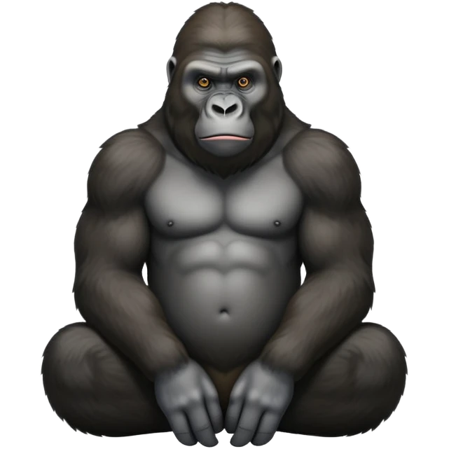 cinematic-silverback gorilla-realistic-full-body-sitting-emoji,-exuding-strength,-thick-dark-fur-in-the-light,-head-tilted-dramatically,-deep-dark-eyes-filled-with-intense-intelligence,-simplified-yet-realistic-focused-features,-highly-detailed,-glowing-with-an-almost-sarcastic-glow emoji