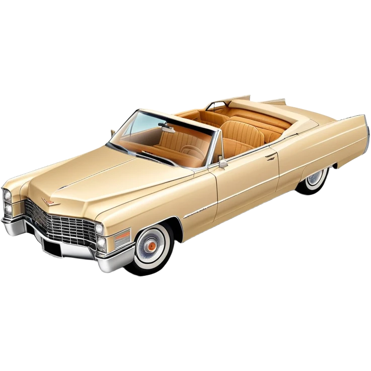Elegant beige 1966 Cadillac DeVille with sharp details, consistent 30-degree perspective showing front and side, vintage luxury car styling, from Tarantino's Once Upon a Hollywood, iOS emoji style emoji