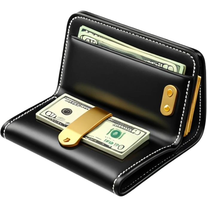 Rich emoji style black leather wallet with dollar bills, luxury money vibe, premium 3D emoji, ultra clean, high detail, no background
 emoji
