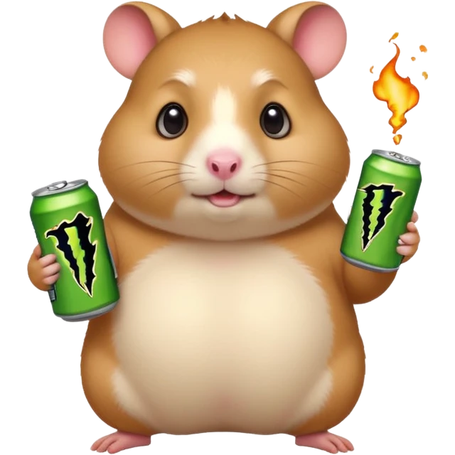 Funny cartoon-style fat hamster wide eyed holding a can of monster energy in one hand and redbull in the other hand emoji