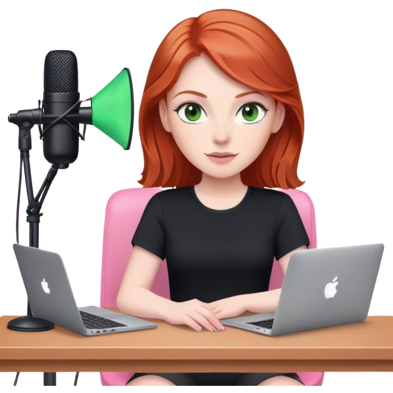 Redhead with green eyes sat at desk with pink MacBook and  podcast microphone black top and pink chair  emoji