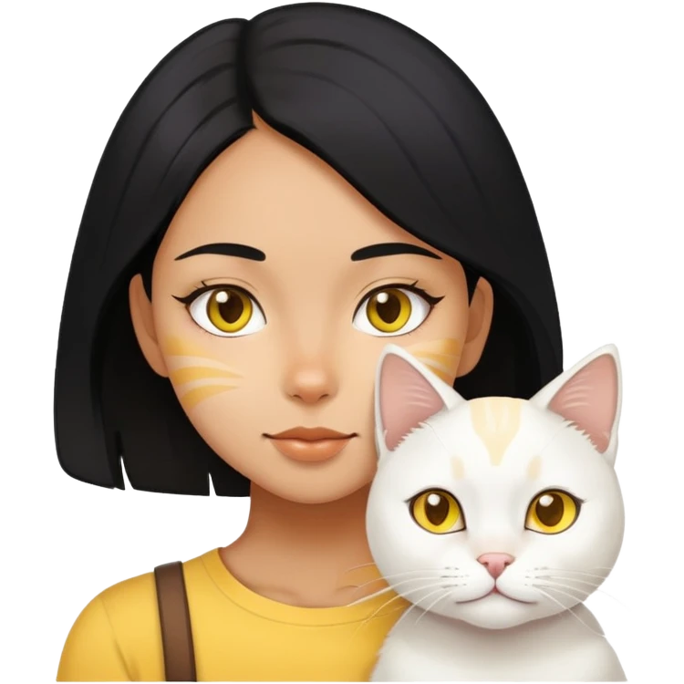 Black hair girl with a white cat with yellow on face emoji