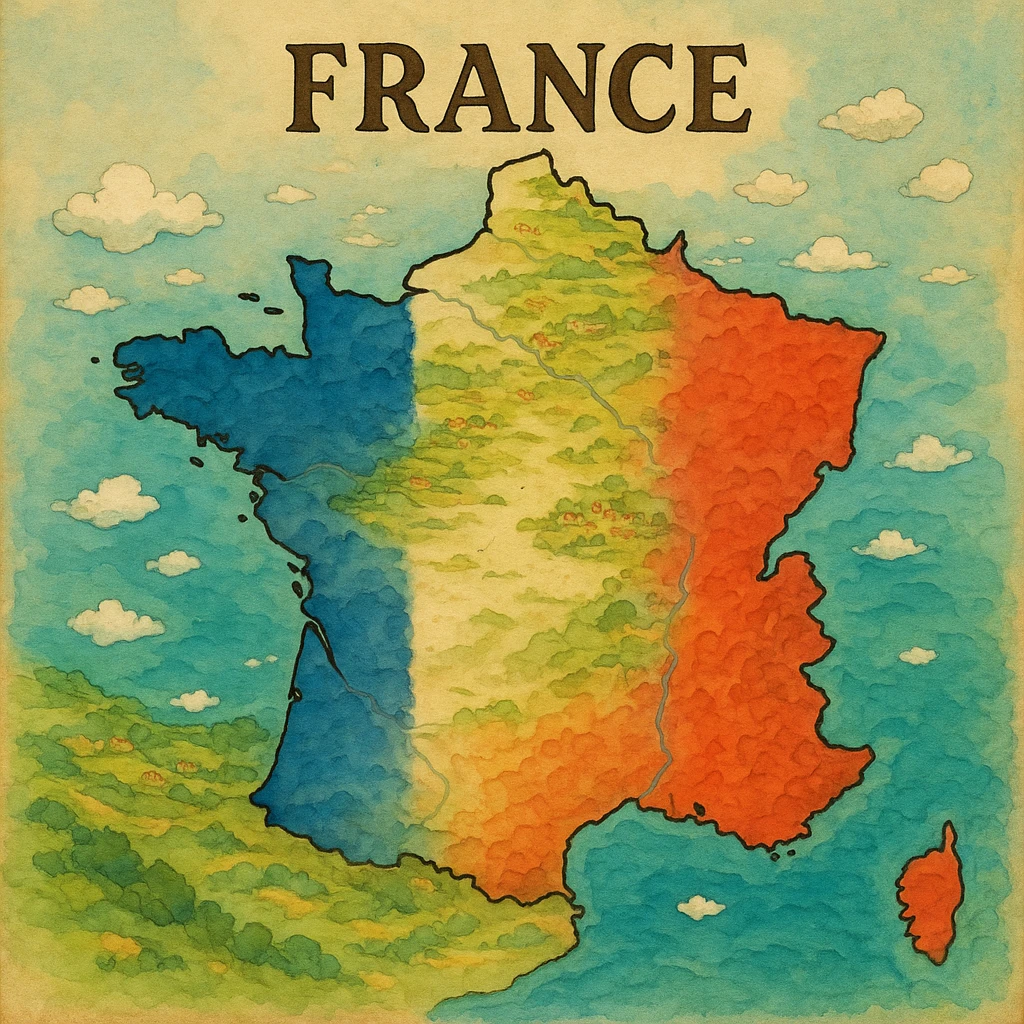 ghibli style France map with flag colors emoji