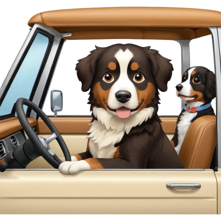 Cream colored ford bronco with no roof and an adult Bernese mountain dog in the seat emoji