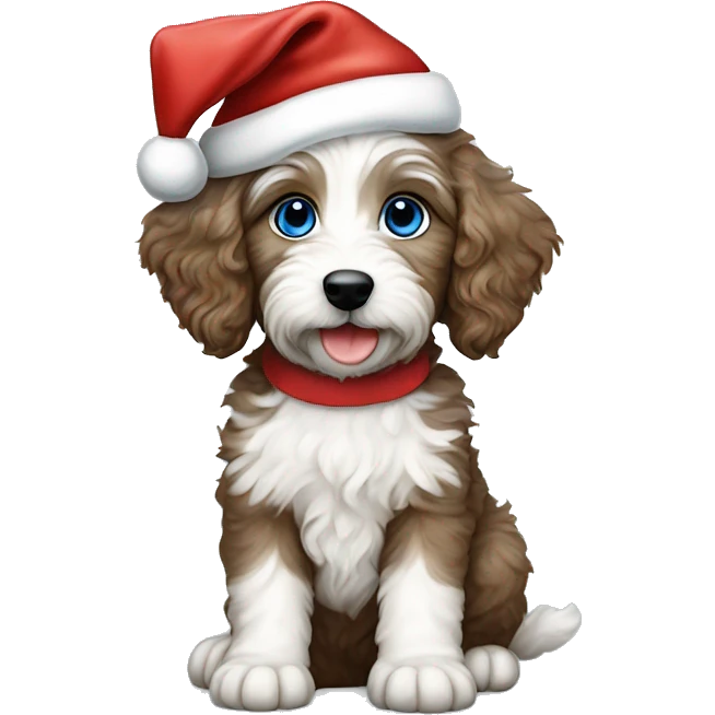 Aussidoodle puppy with blue eyes wearing Santa hat and red bow emoji