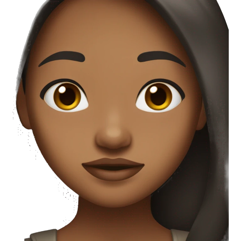 Brown skin girl teen, very black long hair colour, brown eyes, round face shape, sharp nose, lips are small, chubby character, cute face emoji