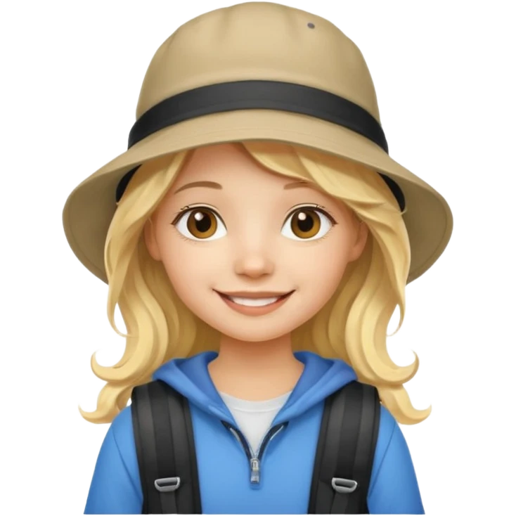 a young student girl with the backpack with bucket hat, blonde wavy long hair emoji