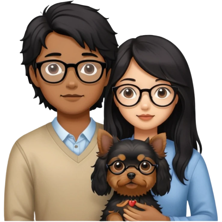 A couple holding a small Yorkshire Terrier together. The girl is Asian with long, luscious wavy black hair (loose, no hair tie). She is next to her boyfriend, a brown-skinned man wearing glasses with a korean haircut emoji