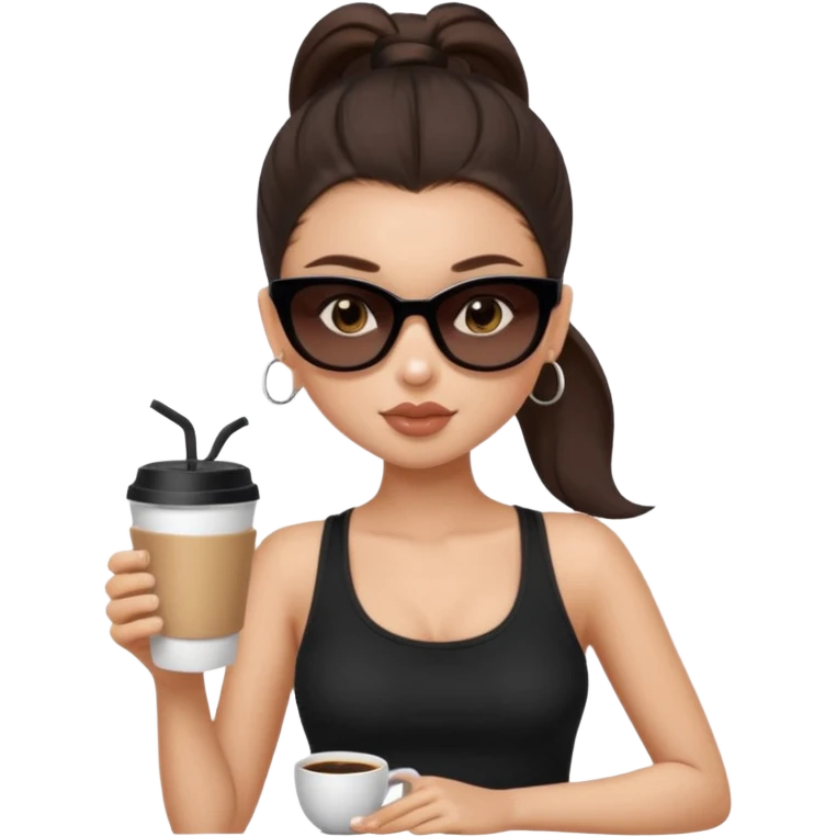 generate a pretty fair bratz girl with dark brown eyes, dark brown eyes tied into a slick back ponytail, thin brown sunglasses. Wearing a black cami top and drinking coffee, high cheekbones emoji