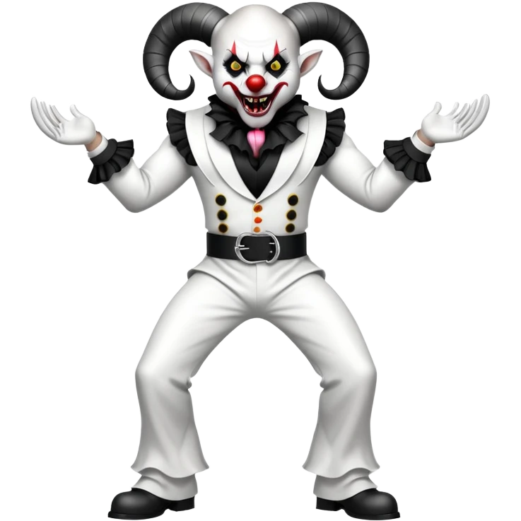 full-body muscular demonic clown in black and white leisure suit with bellbottom pants, bald, black ram horns, flashy black and white belt, ruffled white shirt, no neck tie, large fangs emoji