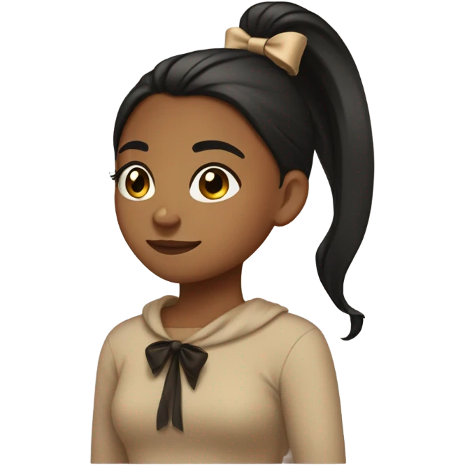 Brown skin girl, one long ponytail with a tan bow in hair, tan sweater, black hair, pretty girl emoji