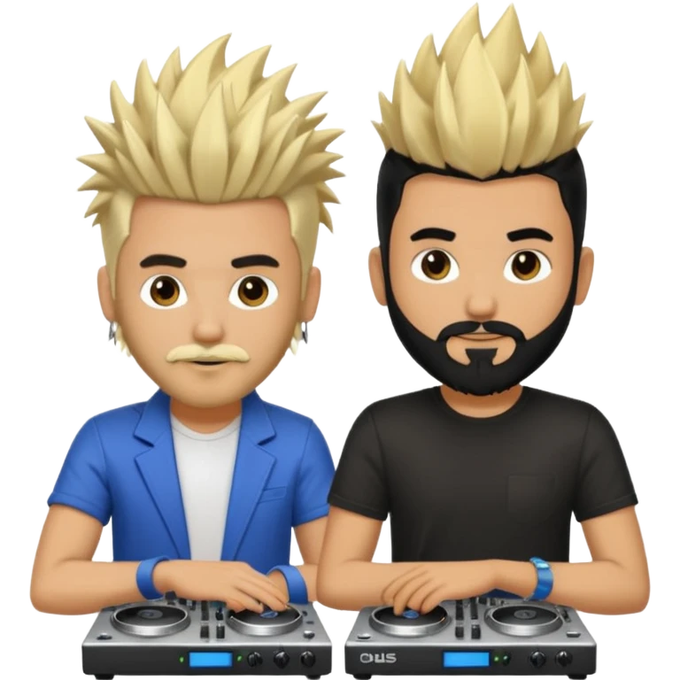 Two male dj’s, one with a long spiky Blonde hair, the second one black short hair and black beard emoji