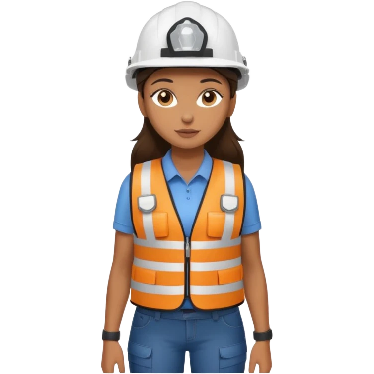 Brunette brown Girl full body standing with her white security helmet and security vest that fits her big on, also with her black backpack emoji
