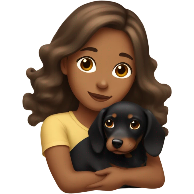 Brown long wavy hair girl cuddling a small brown shorthair dachshund and fluffy black dog emoji