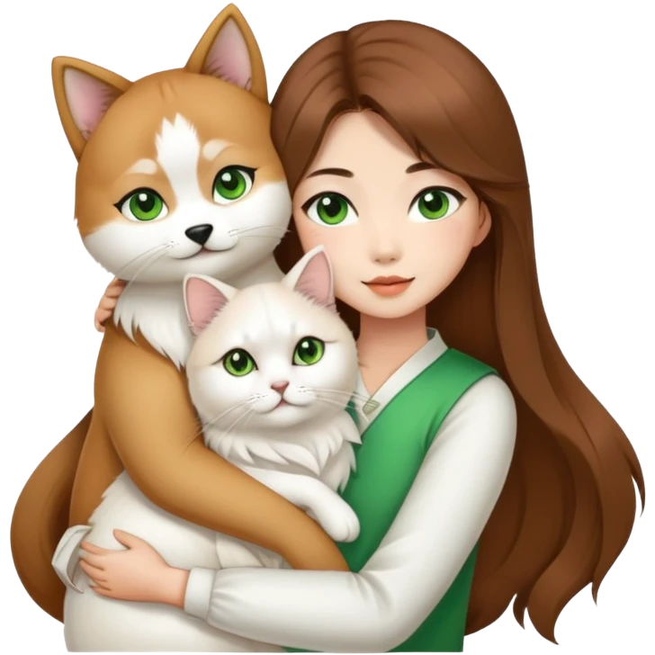 chinese fashion girl has brow hair hugging A Shiba Inu and a long-haired white Persian cat with green eyes. emoji
