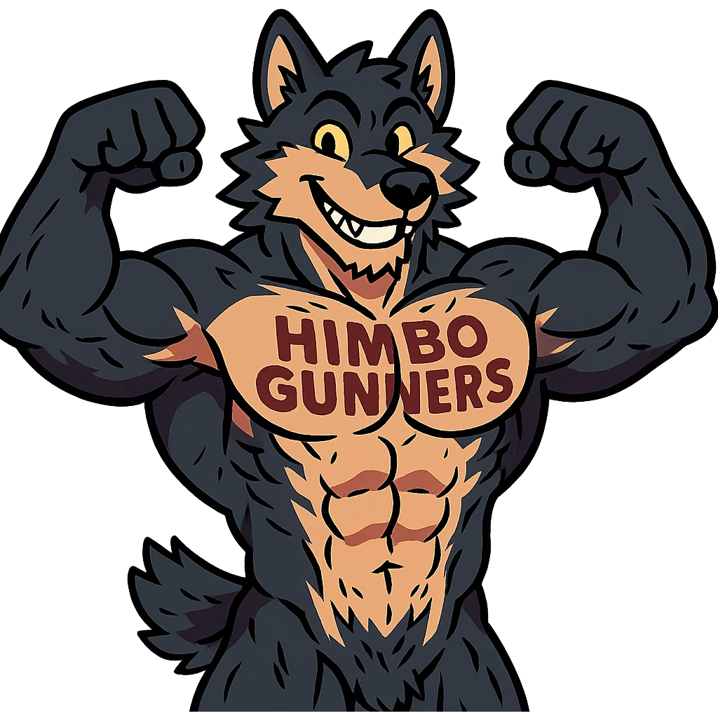 extremely muscular and highly detailed wolf furry, shirtless, with 'Himbo Gunners' tattooed across his chest, flexing pose, big friendly grin, very attractive and defined physique, detailed fur and anatomy emoji