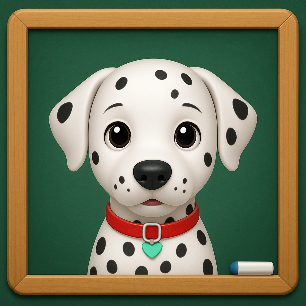 Dalmatian in front of a green school board in a wooden frame, iphone emoji style emoji