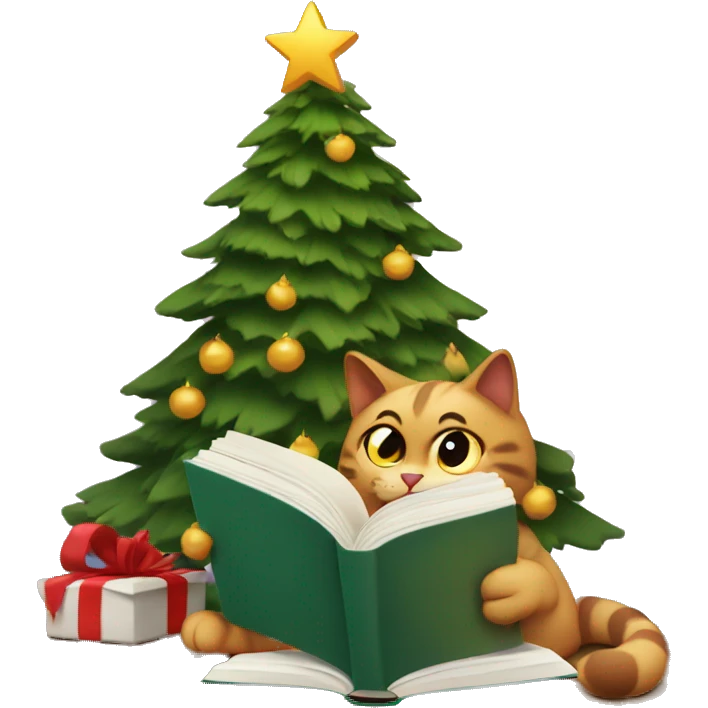 Cat reading a book by a Christmas tree and fire emoji