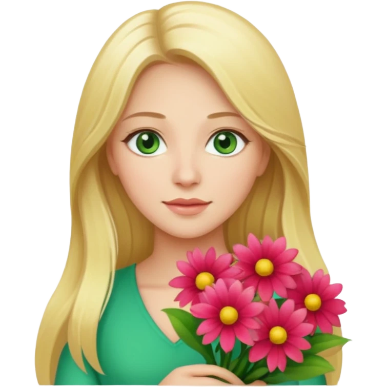 Long blonde haired woman with geen eyes holding a big bouquet of beautiful bright flowers  emoji