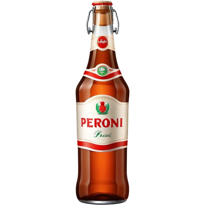 Glass bottle Peroni with red marketing tape and a brown glass bottle color emoji