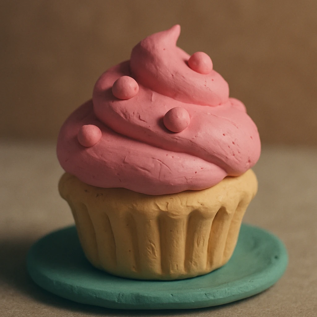 A claymation illustration of a cupcake with pink icing emoji