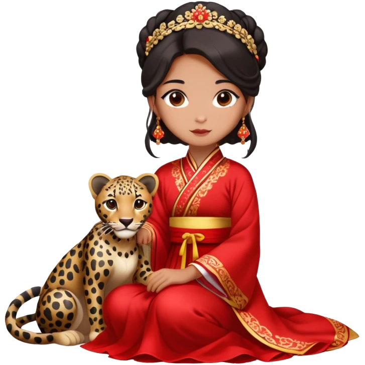 A beautiful girl in red Hanfu wedding dress sits on the ground holding a black leopard emoji