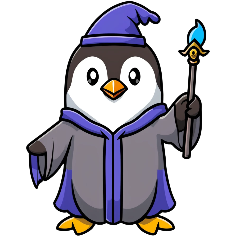 penguin with wizard robe and magic staff emoji