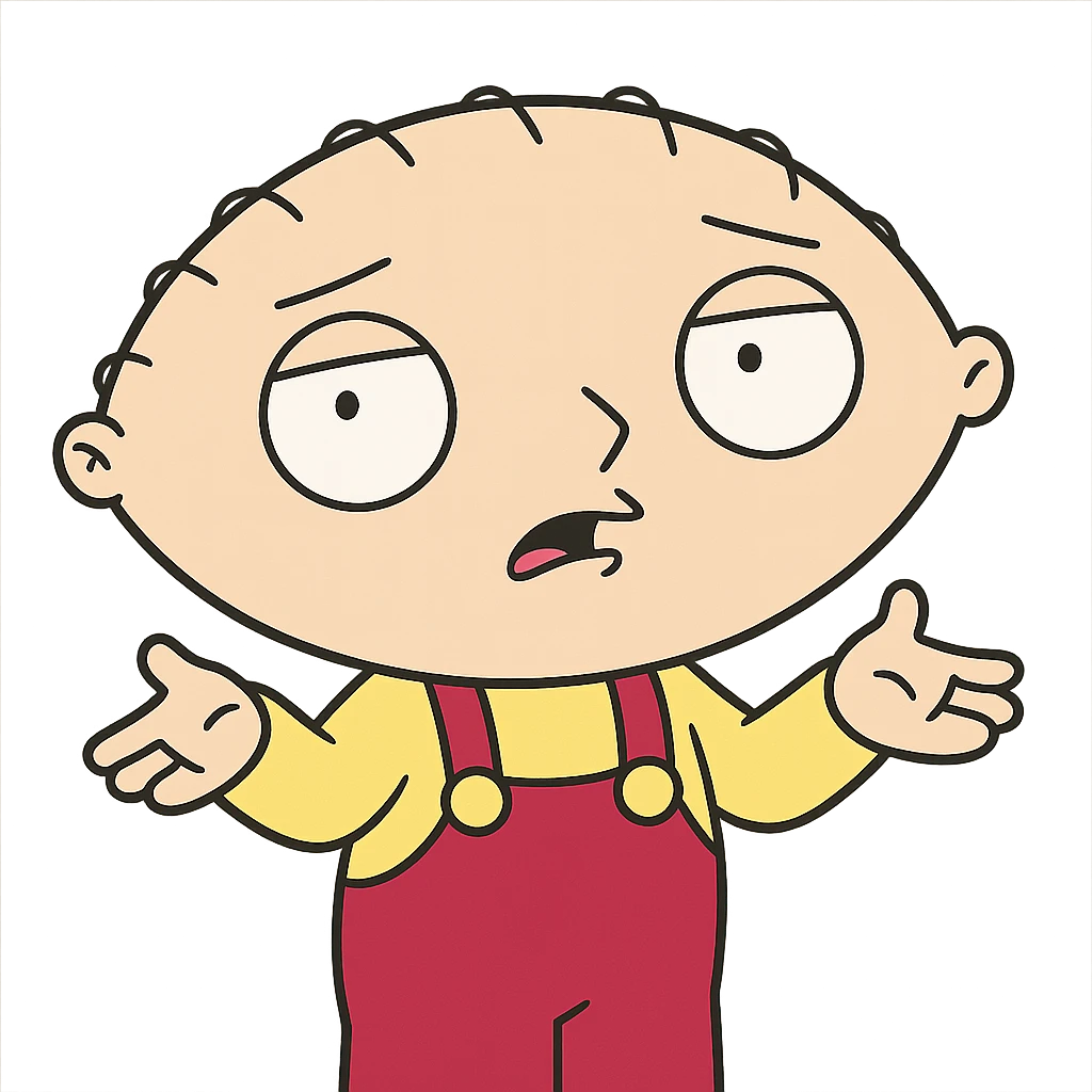 Stewie from Family Guy with hands up, confused, cartoon style emoji