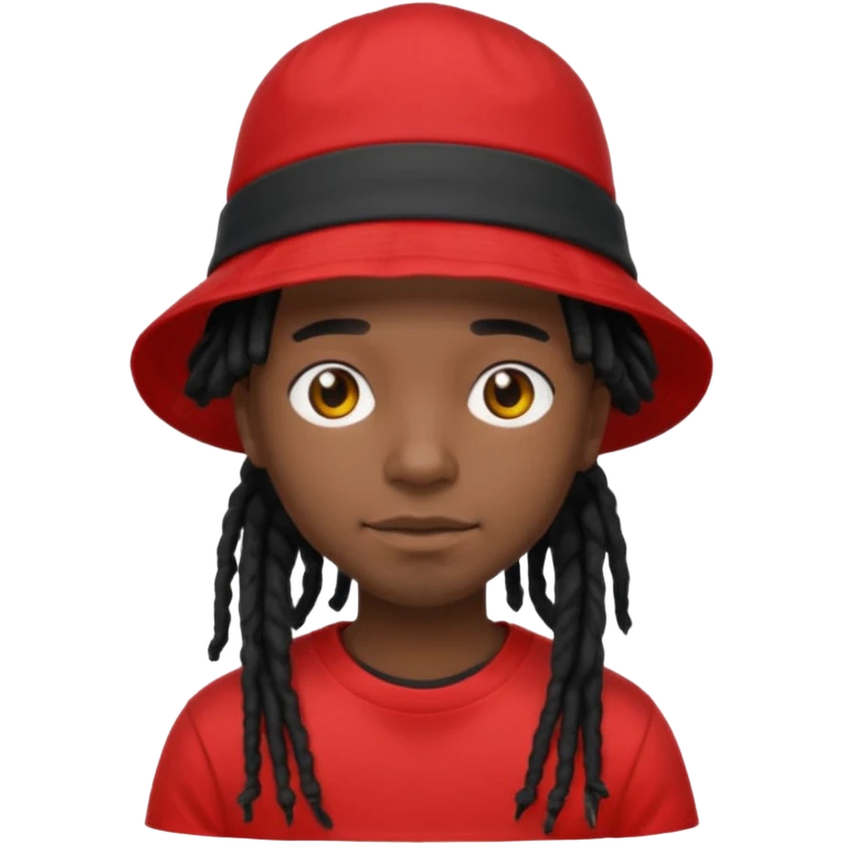 dark brown skin, black hair dreadlocks, wear red t-shirt, black bucket hat emoji