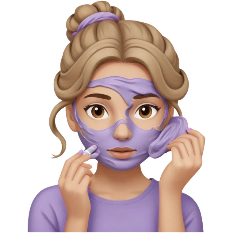 caucasian girl with long wavy dark blonde hair in messy bun applying skincare lilac colored clay mask covering face emoji