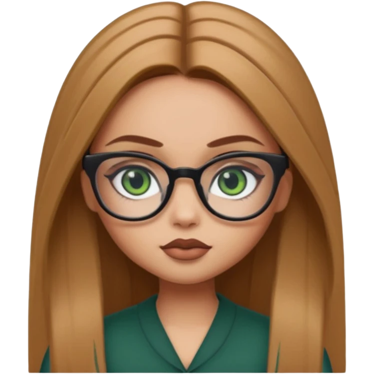 pretty bratz baddie, light brown straight hair, dark green eyes, glasses, pretty eyeliner emoji