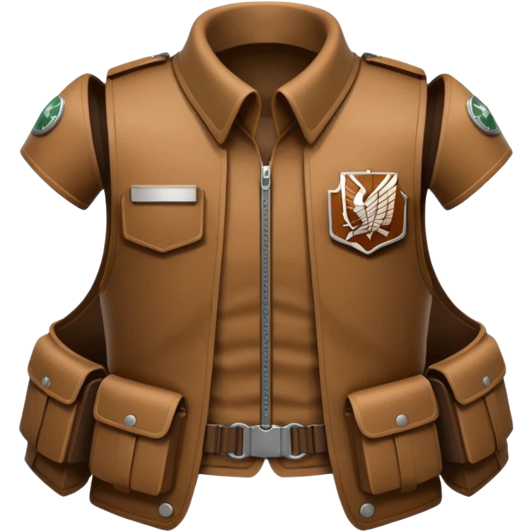 emoji-style depiction of Attack on Titan Survey Corps suit, flared collar, harnesses, compact maneuvering gear, muted browns blacks grays, subtle expression of readiness, optimized for emoji size emoji