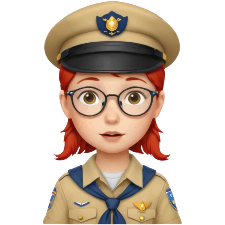 scout girl baby with uniform including the hat,  little with glassess and red hair emoji