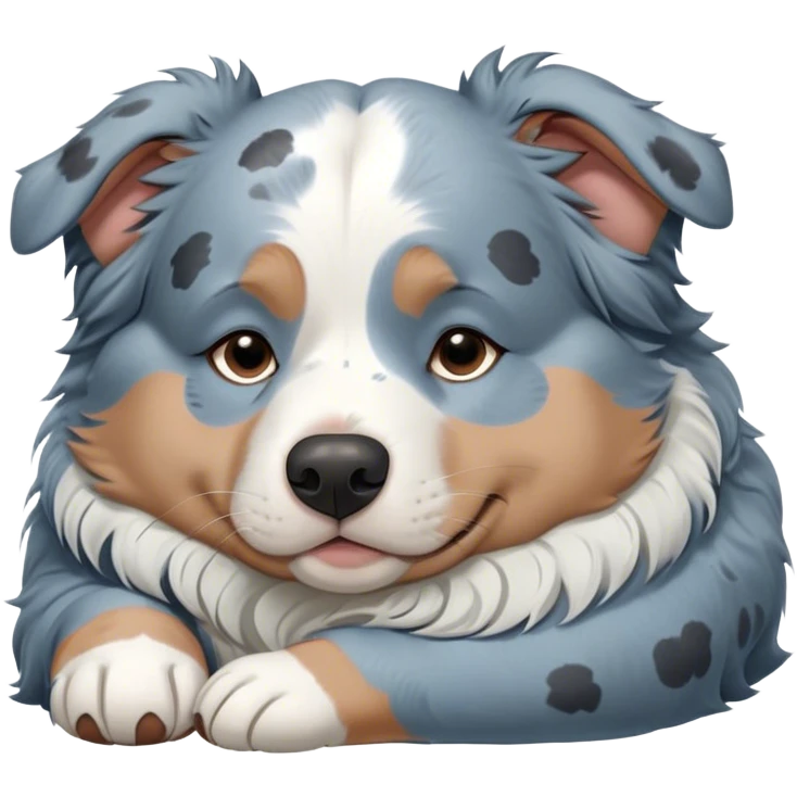 Cinematic Chubby Sleeping Blue Merle Australian Shepherd Portrait Emoji, Chubby and serene, with a round, adorable build and a soft blue merle coat accented by crisp white patches, eyes gently closed in peaceful slumber, Simplified yet irresistibly endearing features, highly detailed, glowing with a gentle, dreamy glow, high shine, relaxed and content, stylized with a touch of whimsy, bright and heartwarming, soft glowing outline, capturing the essence of a blissfully sleepy herder, so comically serene it feels like it could roll out of the screen and snore with adorable charm! emoji