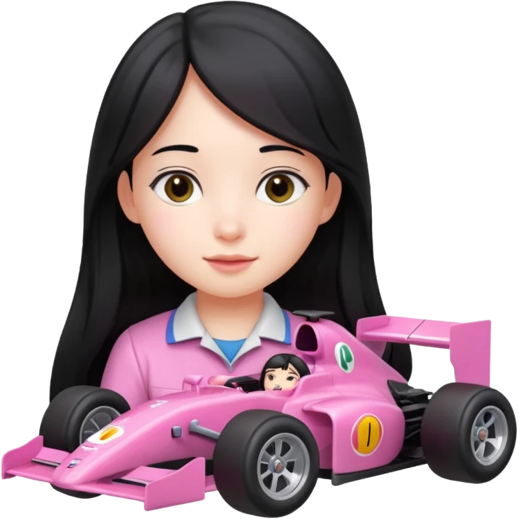 long black haired girl kid playing pink colored formula 1 car toy emoji