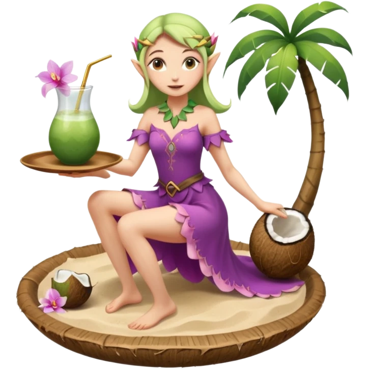 female elf in orchid-petal dress, balancing coconut drink tray. Barefoot on sand emoji