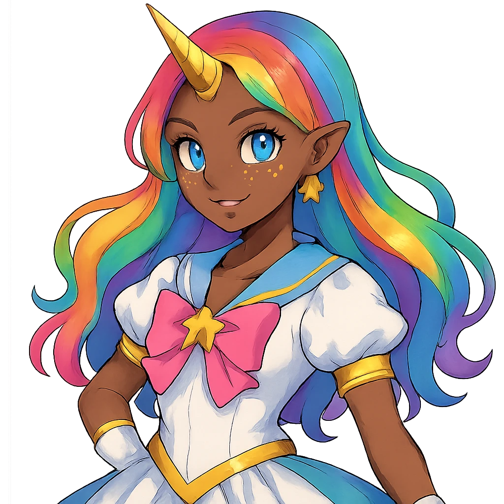 a magical girl with rainbow hair, blue eyes, dark skin, a gold unicorn horn, and star-shaped freckles emoji