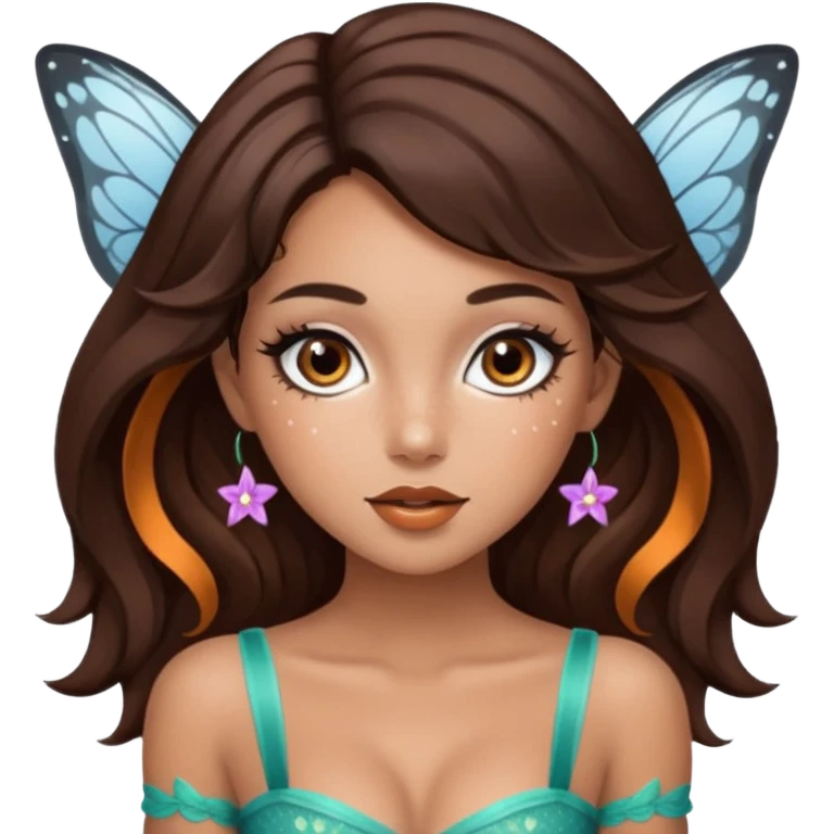 Pretty girl with caramel skin. Dark brown hair and brown eyes. She has freckles. Wearing sexy makeup. Wearing a fairy costume. wearing white fishnet tights on legs and heels emoji