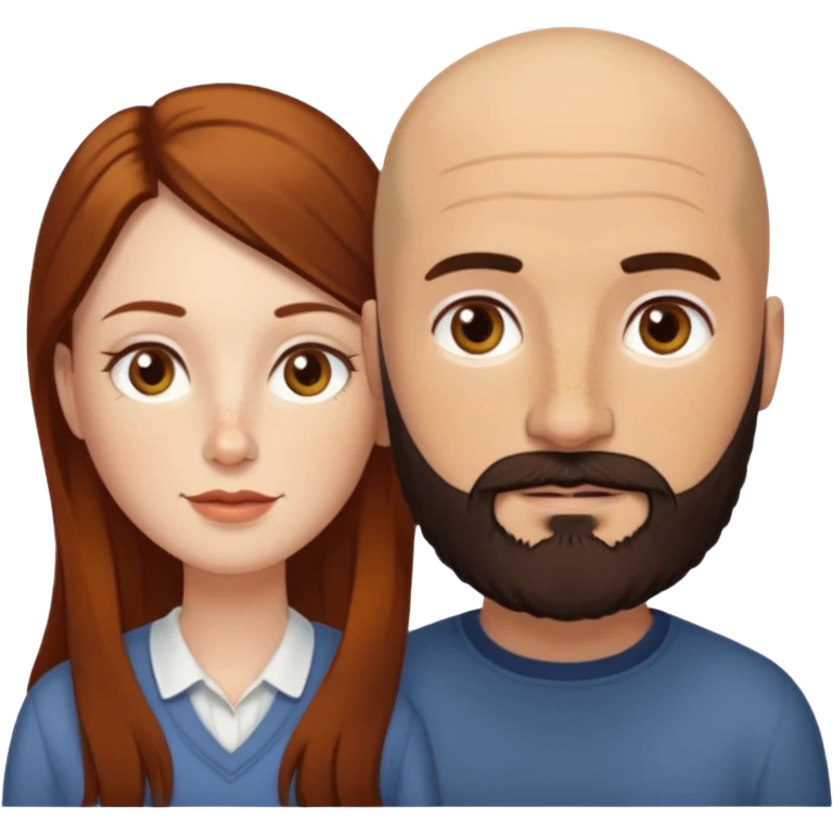Couple. Bald man with dark brown-black beard. White woman with many small, faded freckles, she has white skin and she has auburn-yellow-brown-cinnamon, dark long hair. She has light brown eyes. The man have hazel eyes. Retro style. emoji
