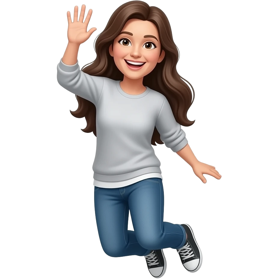 long brown hair 50 years old, thin body, jumping up and smiling features show the emoji smiling and waving features emoji