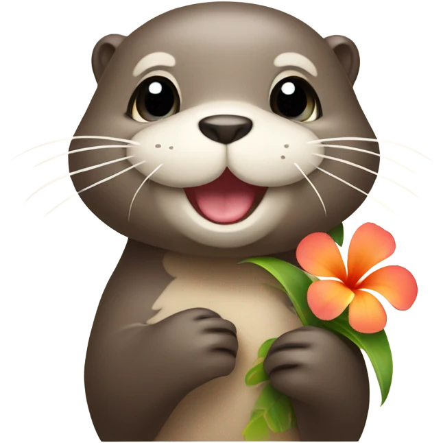 A happy and cute otter face holding a Hawaiian flower emoji