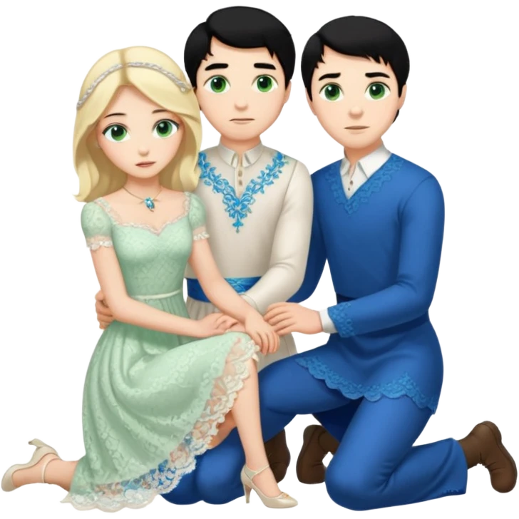 King, man, black Hair, blue eyes, whole body, Woman, bending knees, blonde, green eyes, White Dress, emoji