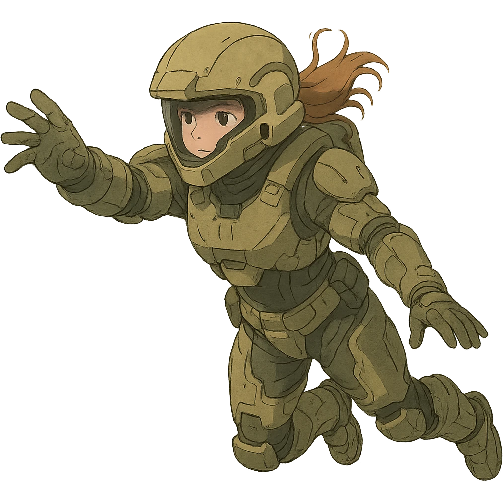 1 female, strengthened sIII spartan-3 helmet with a black visor, a tactical female space warrior floating in zero-g EVA operations, reaching in front of her emoji