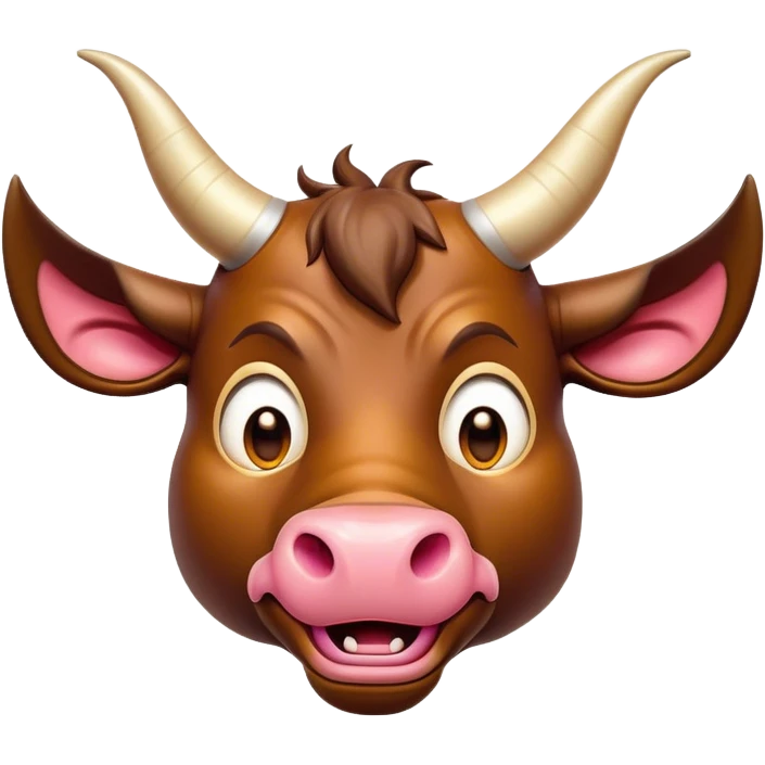 Cinematic Comical Domestic Bull Portrait Emoji, Head tilted dramatically with an exaggeratedly amused expression, featuring a striking, glossy coat with boldly defined horns and wide, expressive eyes brimming with playful disbelief, Simplified yet hilariously expressive features, highly detailed, glowing with a slightly sassy, earthy glow, high shine, dramatic yet playful, stylized with an air of cheeky rural mischief, soft glowing outline, capturing the essence of a spirited and over-the-top domestic bull that looks ready to charge its way into internet fame instantly! emoji