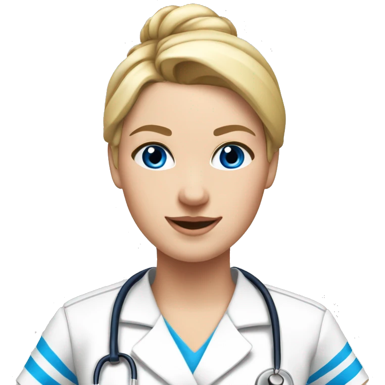 Do a nurse in a white kasack with Blue stripes on, blonde hair,Blue eyes and a sleek bun emoji