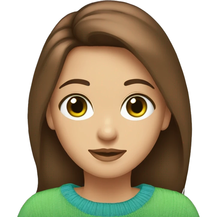 Fille au cheveux brun et au yeux vert marron avec un pull bleu emoji