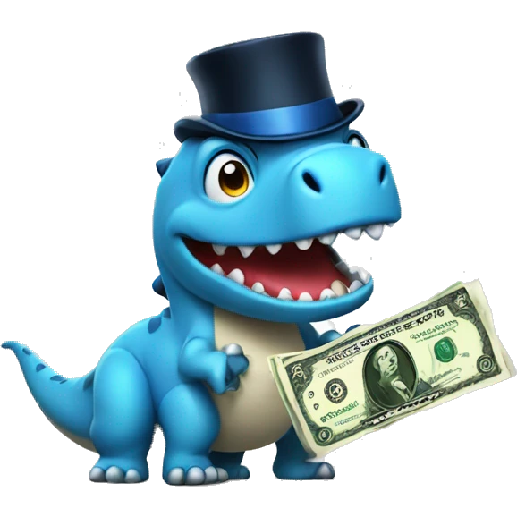 happy blue dinosaur with money and a top hat emoji